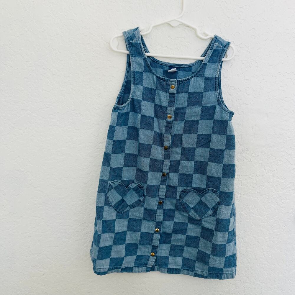 Old Navy Girls 5T Blue Checkered Denim Dress Heart Pockets Button Front